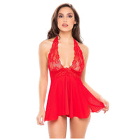 2Pc Lace & Mesh Halter Babydoll & G-String Set Red